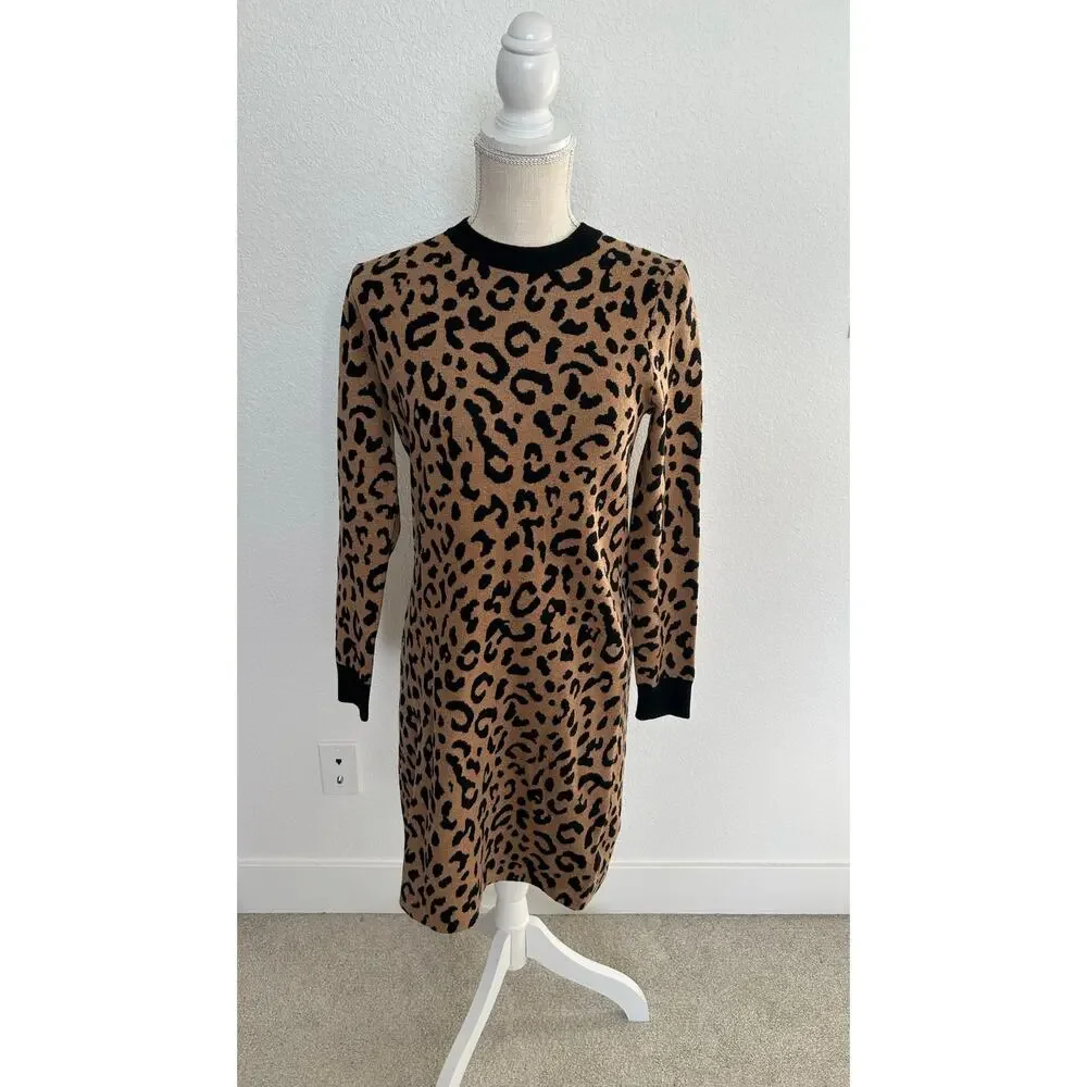 J. Crew Long Sleeve Mini Sweater Dress in Leopard - XS